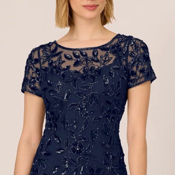 Adrianna Papell Beaded Short Sleeve Floral Godet Gown Midnight Navy Size 0 NWT - Picture 11 of 14